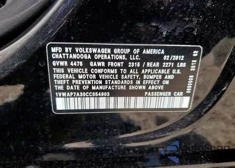 2012 Volkswagen Passat S z USA, uszkodzony, nr VIN 1VWAP7A30CC054903